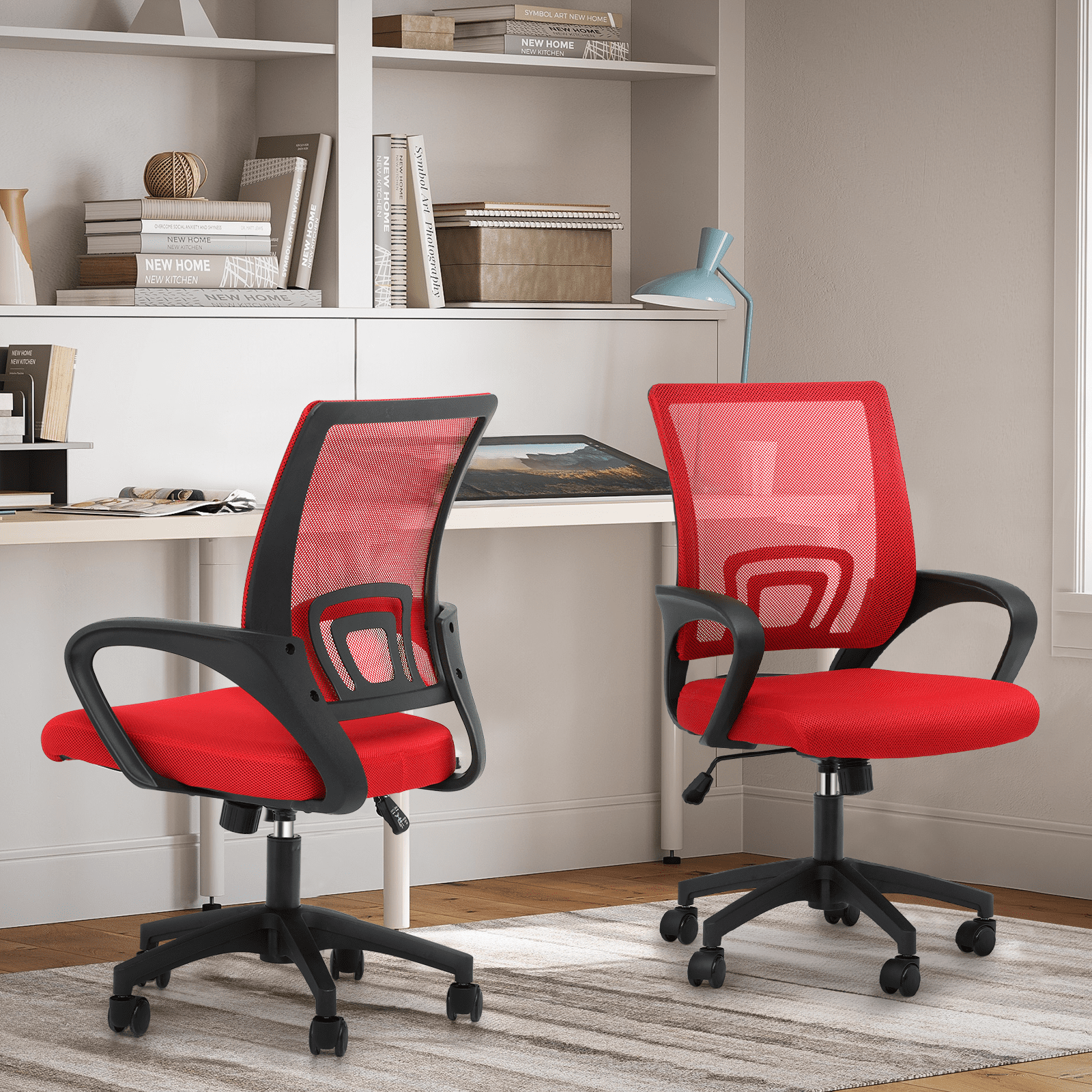 Magshion Set of 2 Office Chairs Mid Back Swivel Desk Chairs, Height Adjustable Ergonomic Mesh Computer Chairs with Armrest & Lumbar Support, Red
