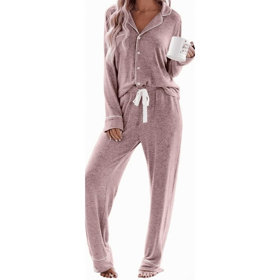 MLDRA Pajamas for Women Set Cotton Long Sleeve Button-Down lounge Sets for Women PJ Sets Comfy Casual Pj Sets for Woman Soft Knit Sleepwear with Elastic