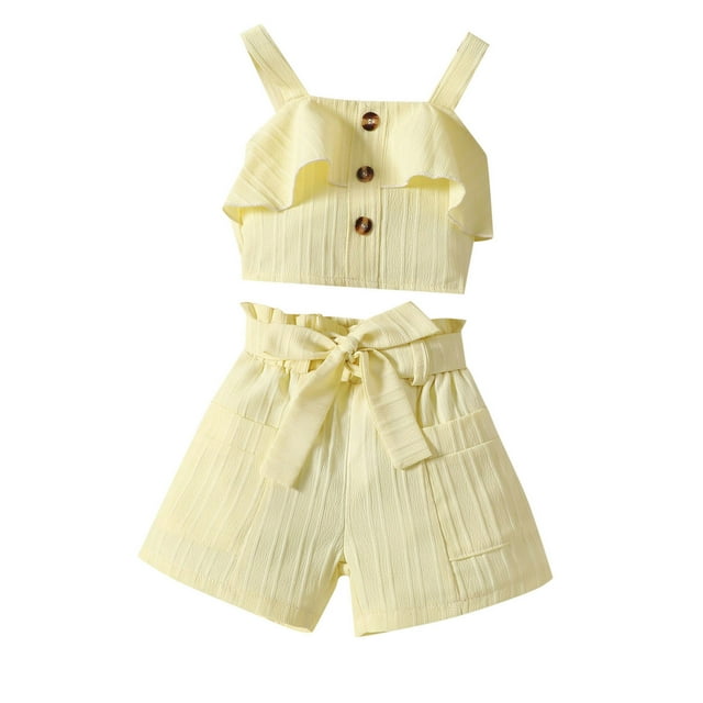XDZJLR Child Girls Outfits Ribbed Knit Button Front Camisole Crop Tops And Track Shorts 2 Summer Clothing Set Yellow 18-24 Months