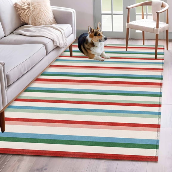 Red Green Blue Striped Area Rugs 4'x6', Washable Small Throw Rugs for Office Bathroom, Modern Farmhouse Stripes Indoor Outdoor Rug Non-Slip Low Pile Carpet Runner Reversible Floor Mats