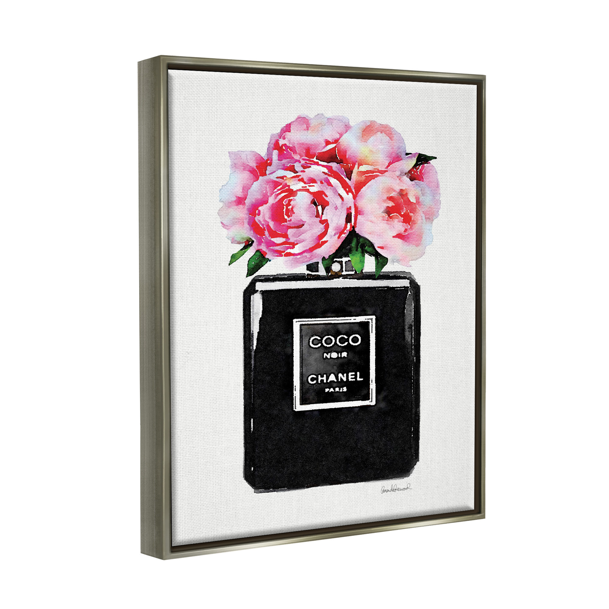 Stupell Industries Glam Perfume Bottle Flower Black Peony Pink Luster Gray Framed Floating Canvas Wall Art, 24x30, by Amanda Greenwood