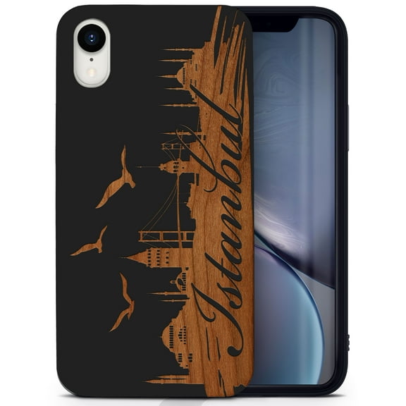 Wood phone case for iPhone XR compatible protective cell phone cover shockproof slim fit laser engraved Istanbul Love design Black wood case for Men & Women by CaseYard
