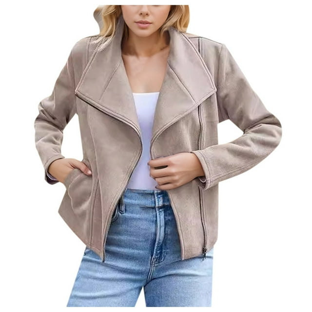 Veste en Jean Femme, Mode Automne Hiver Veste Moto Courte pour Femmes Décontractée en Cuir Suédé
