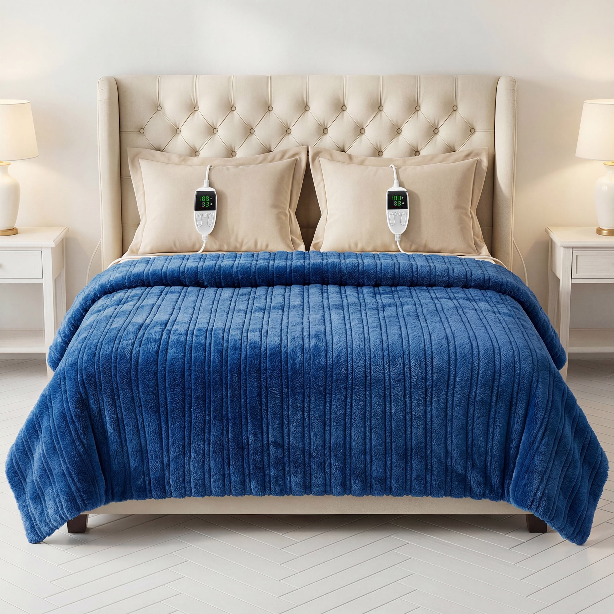 Keenstone Double-sided Flannel Electric Heated Blanket King Size Dual Control, 90"x100" Machine Washable Fast Heating Blanket with 6 Heating Levels &10 Hours Auto Off,Blue