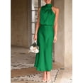 thumbnail image 5 of Emerald Green Satin Sleeveless Cowl Neck Midi Cocktail Dress, 5 of 30