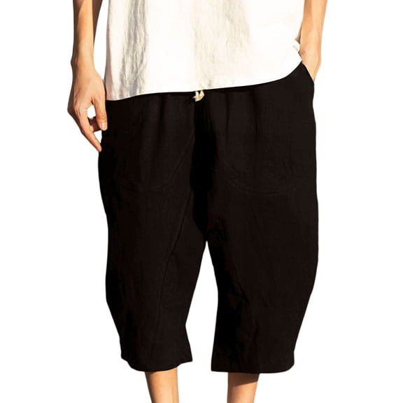 Zpzdpjkx Mens Wide Leg Linen Capri Pants Drawstring Elastic Waist Loose Lightweight Breathable Big Side Pockets Pleated Texture Multi Color Beach Summer Pants