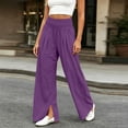 thumbnail image 3 of Wide Leg Linen Pants Women High Waisted Boho Beach Flowy Pants Pleated Casual Vacation Outfits Elastic Trousers Split Hem, 3 of 9