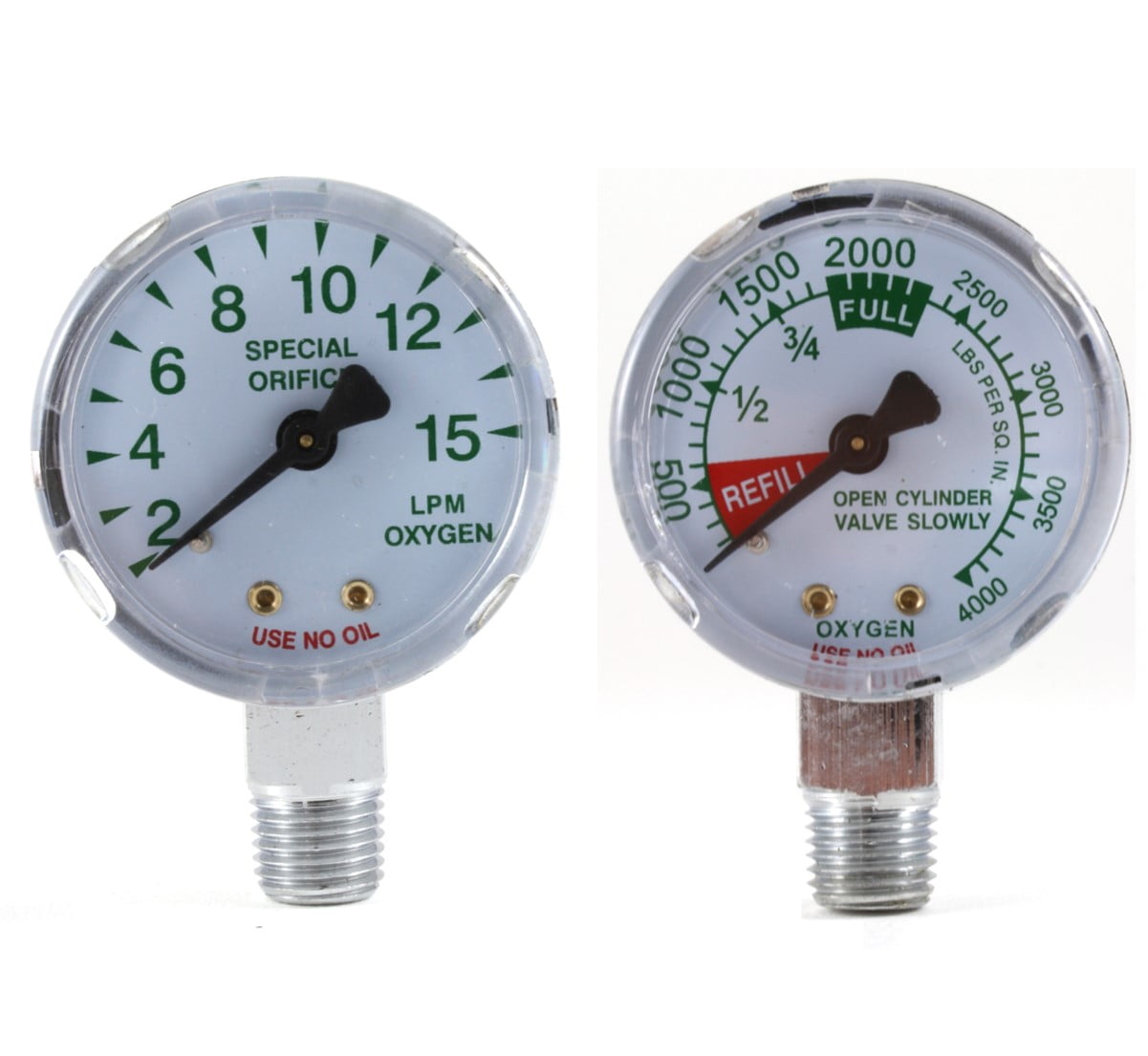 0-4000 psi and 0-15 LPM Gauges for Oxygen Regulator - 2 inches (PAIR
