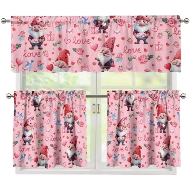 Valentine''s Day Kitchen Curtains Valance Set of 3,Cute Dwarf 24 Inch Length Tier Curtains with Valance Love Heart Rose Cafe Bar Window Curtains, Rod Pocket,Easy to Install