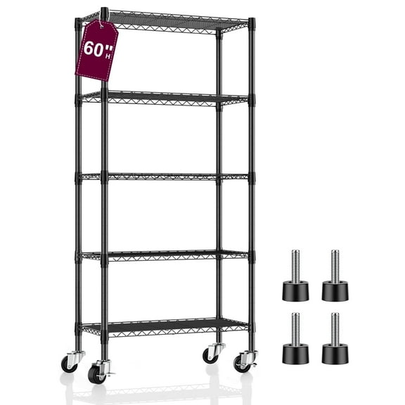 2 Pcs 5-Tier Metal Wire Shelving with Casters, 14"D x 30"W x 60"H Adjustable Wire Rack , 750 lbs Capacity Heavy Duty Storage Shelves for Kitchen Garage