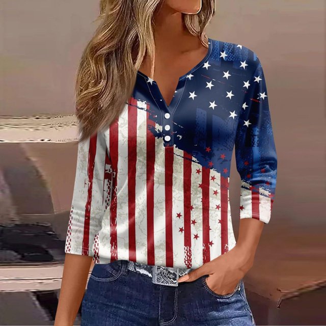 Fiudx Camisas para Mujer Blusa de Manga 3/4 Corta Estampada a La Moda para Mujer, Blusa Informal con Cuello Redondo