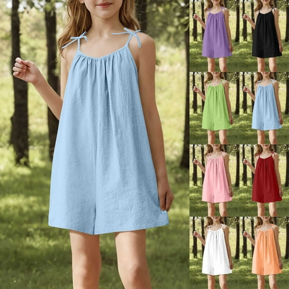 HAOTAGS Girls Sleeveless Jumpsuits Solid Color Rompers with Strap Casual Summer Outfits Light Blue Size 8 Years