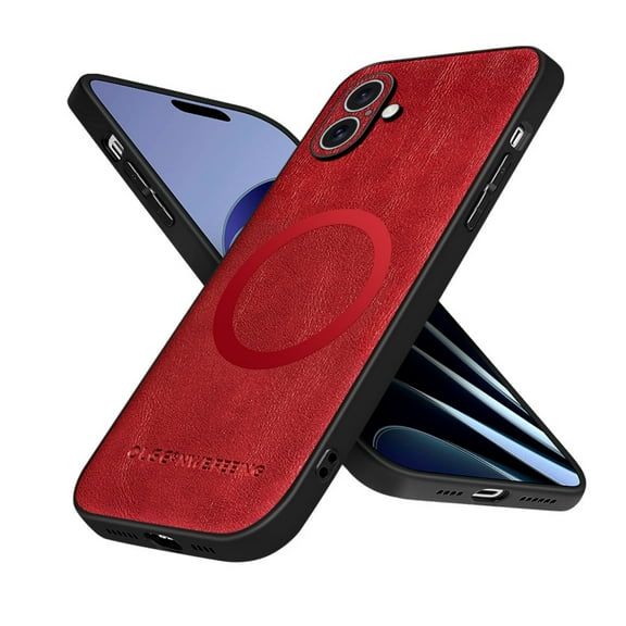 ELEHOLD PU Leather Case For iPhone 16 Plus Slim Magnetic Shockproof Cover, [MagSafe Compatible], [Lens&Screen Protection], Drop protection Case - Winered