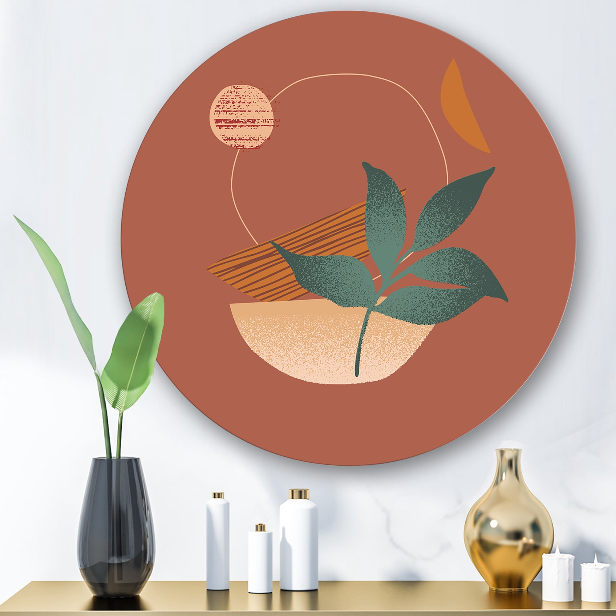 Designart 'Shapes and Tropical Leaf Silhouettes III' Modern Circle Metal Wall Art 23x23 - Disc of 23