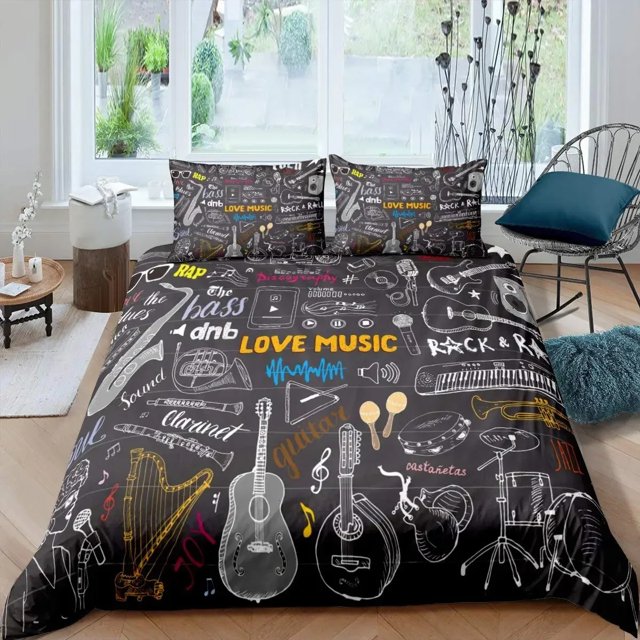 Housse de Couette Rock Musique Très Grand Ensemble de Literie Jazz Musique pour Adolescents Housse de Couette Graffiti Hip Hop Notes de Musique Polyester