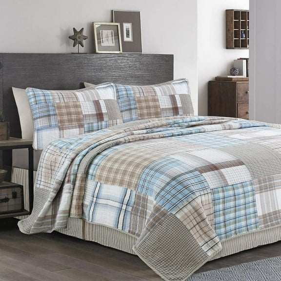 Baby Blues GQ Tartan Plaid Square Patchwork 3-Piece Blue Brown Beige White Cotton King Quilt Bedding Set