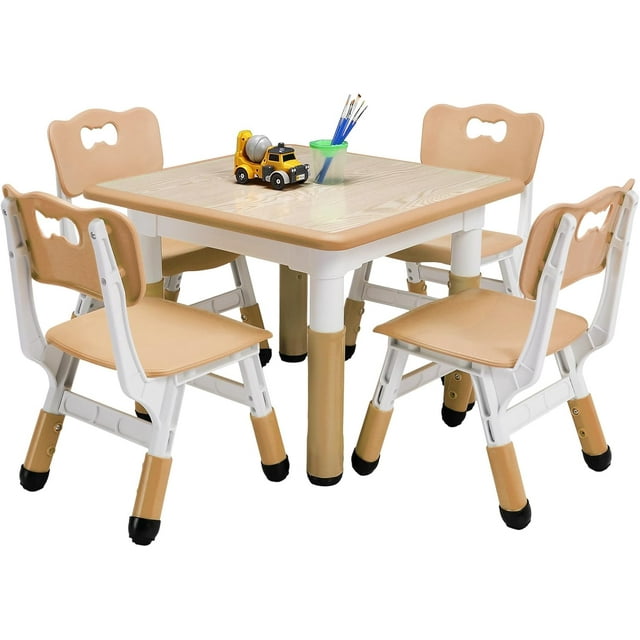 Table and Chairs Set for Ages 2-10, Height Adjustable Desk with 4 Seats,Arts & Crafts Table,Graffiti Desktop, Non-Slip Legs, Max 300lbs, Children Multi-Activity Table for Classrooms,Daycares