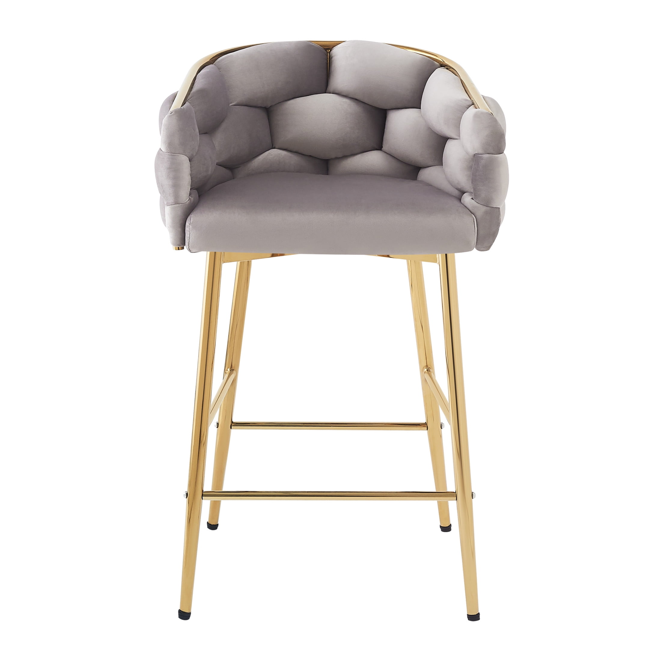 Nivora 28" Seat Height Modern Upholstered Flannelette Counter Stools, Metal Frame, Grey + Gold, Set of 2