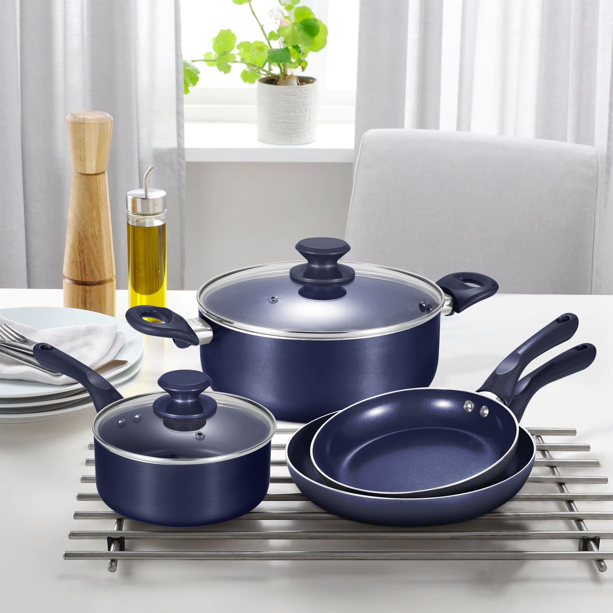 6 Pieces Pots and Pans Set,Aluminum Cookware Set, Nonstick Ceramic Coating, Fry  Pan, Stockpot with Lid, Blue - AliExpress