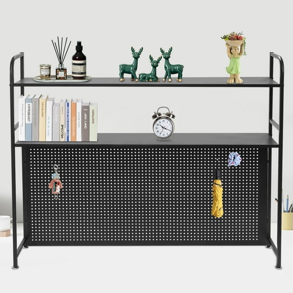 Heavy-Duty Office Organizer 115x20cm, Rust-Resistant Steel Pegboard Shelf with Accessory Hooks, 11lbs Per Tier & Leveling Feet for Uneven Surfaces