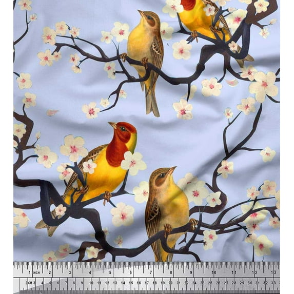 Soimoi Blue polyester Crepe Fabric Fish,Bird & Yacht Bird Print Sewing Fabric BTY 52 Inch Wide