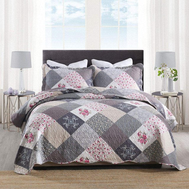HoneiLife Juego de edredón tamaño king – Colchas reversibles de microfibra de 3 piezas, colchas de retazos, juego de cama floral para todas las estaciones, edredones gris rosa