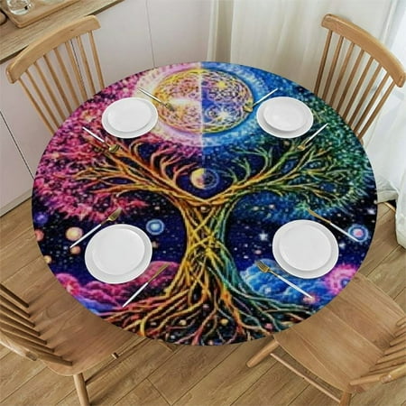 

Sheronv Tree of Life and Cosmic Objects Round Table Cover Waterproof Stain Resistant Fabric for Indoor Outdoor Dining Parties - 100% Polyester 54 -58