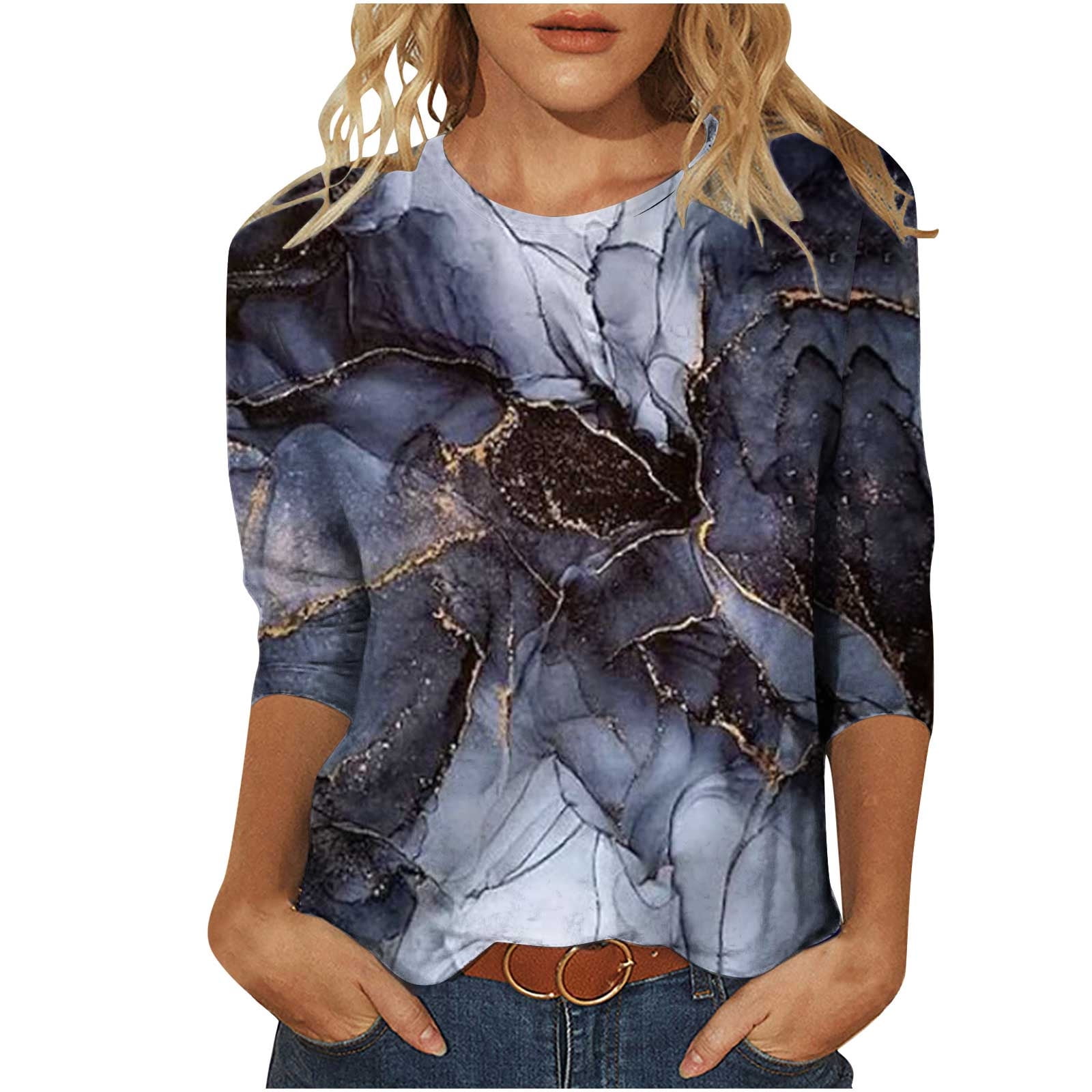 JURANMO Clothing Clearance Women Clearance Tops Ladies Blouses Marble Graphic Blouses Shirts 3/4