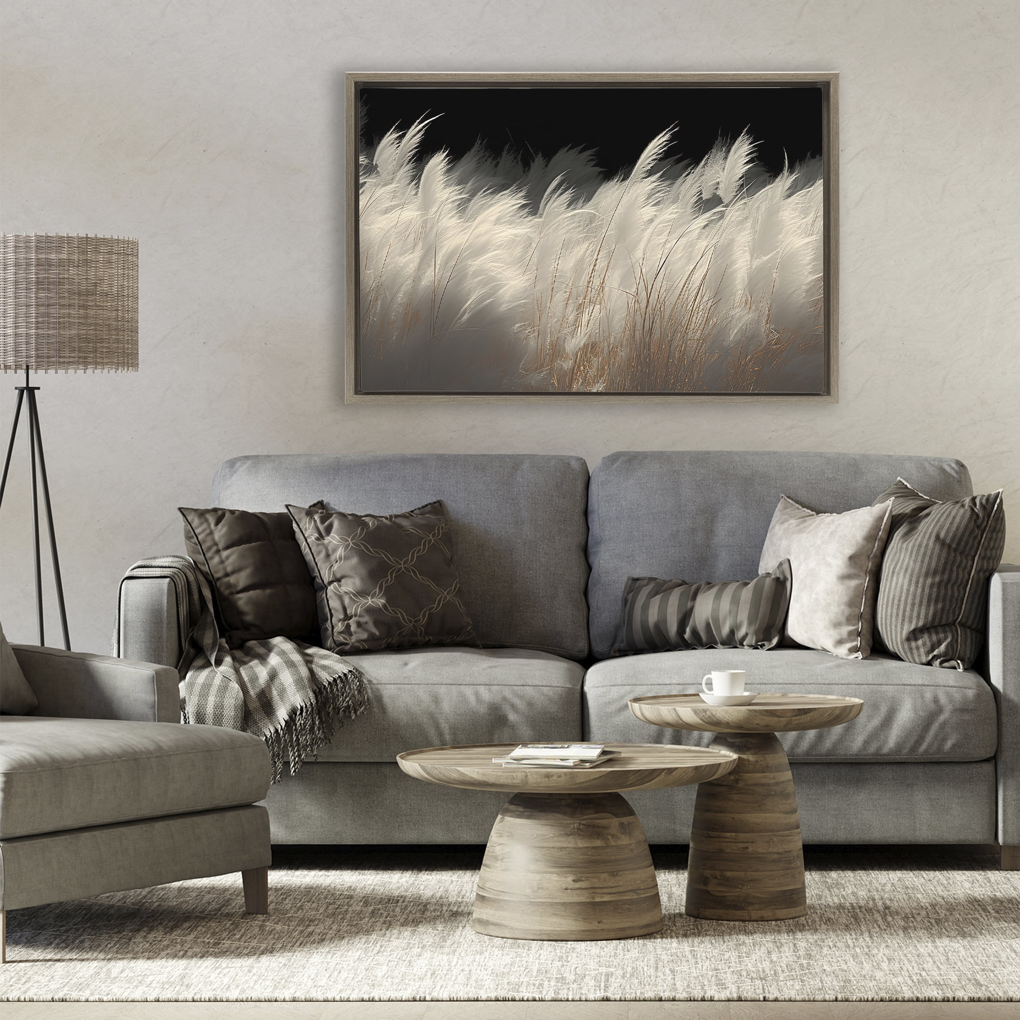 White Feathers Windblown Grasses Brown Framed Floater Canvas Wall Art, design by Decent Exposures
