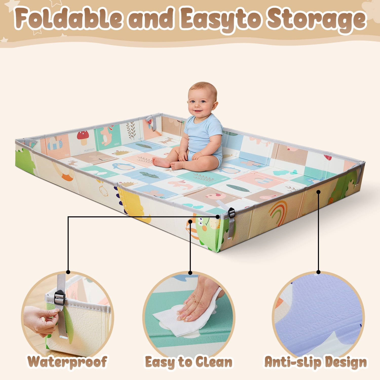 JoyStone 70 x 55 Inch Foldable Baby Play Mat with Fold-Up Sides & Storage Bag, Foam Tummy Time Mat, Infant Floor Playpen Mat for Indoor & Outdoor Use