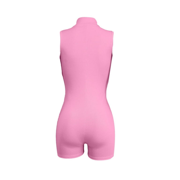 Calsunbaby Women Sleeveless Short Bodysuit Ribbed Front Half Zipper Rompers  Slim Fit Jumpsuit Clubwear Pink S