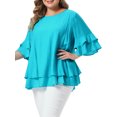 thumbnail image 4 of Agnes Orinda Women's Plus Size Tops Crew Neck Ruffle Short Sleeve Blouse Double Layered Summer Casual Solid Shirts 1X Blue, 4 of 6