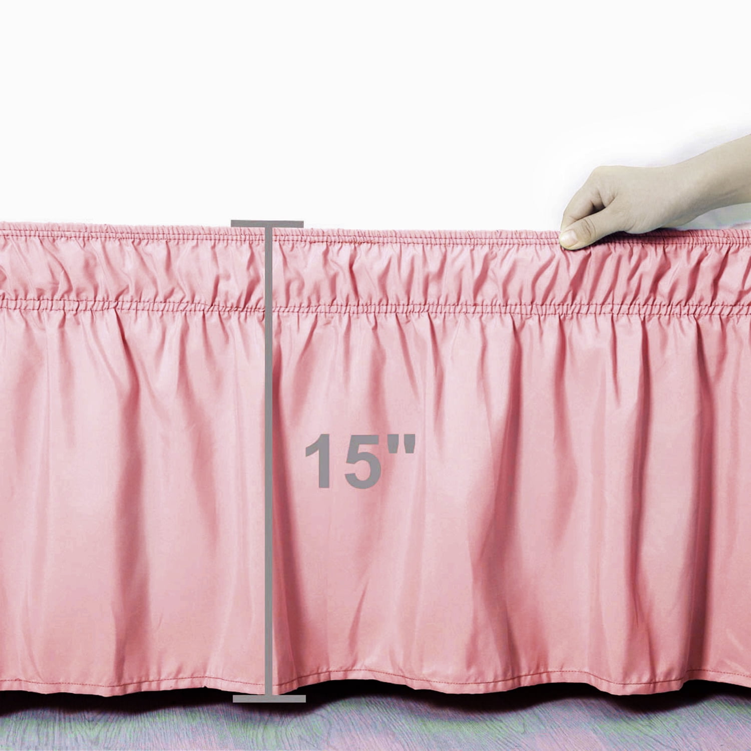 Unique Bargains Elastic Dust Ruffled Bed Skirt with 15" Drop Queen Light Pink