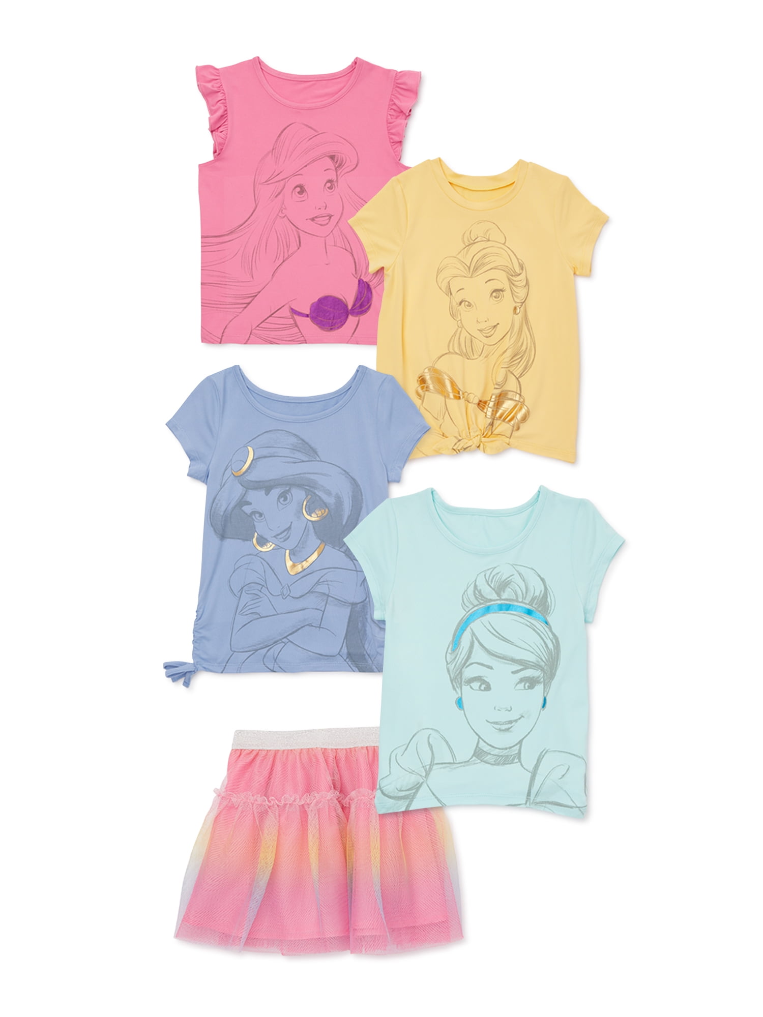 Disney Princess Toddler Girl Short Sleeve TShirts & Tutu Skirt Set, 5Piece, Sizes 2T5T
