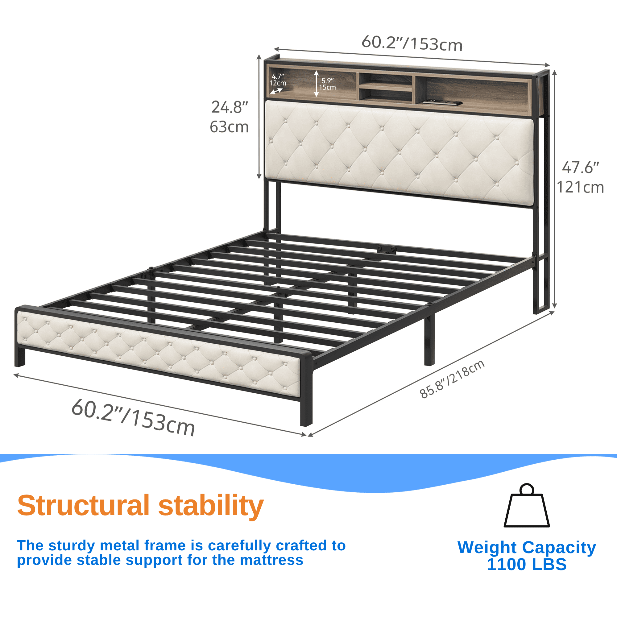 Uforic Beige Queen Bed Frame with Charging Station, Upholstered Storage Headboard & Footboard, Metal Slats Support, No Box Spring Needed