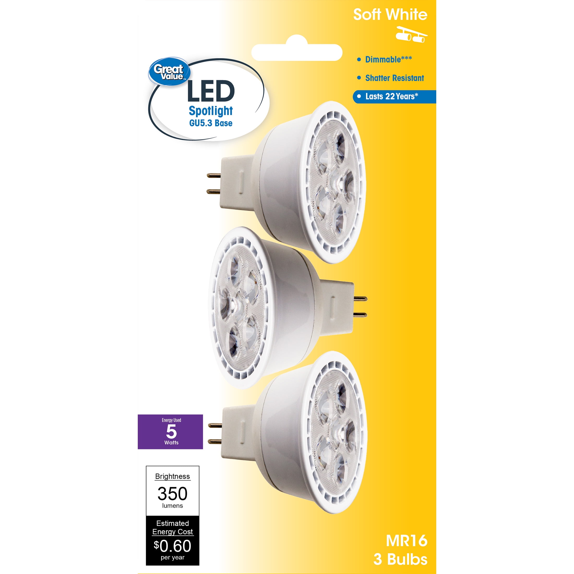 Quagmire vask teknisk Great Value LED Light Bulb, 5W (35W Equivalent) MR16 Lamp GU5.3 Base,  Dimmable, Soft White, 3-Pack - Walmart.com