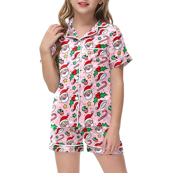 RMGVDSD Christmas Girls Pajamas Short Sleeve Button Down Sleepwear Cartoon Print Tops and Shorts 2Pcs Nightwear Xmas Holiday Pajama Sets 2-3 Years