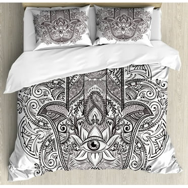 Hamsa King Size Duvet Cover Set, Hand Drawn Ethnic Motifs from Middle Eastern Folklore Sketch Style Swirls, Decorative 3 Piece Bedding Set with 2 Pillow Shams, Dark Brown and White, by Ambesonne