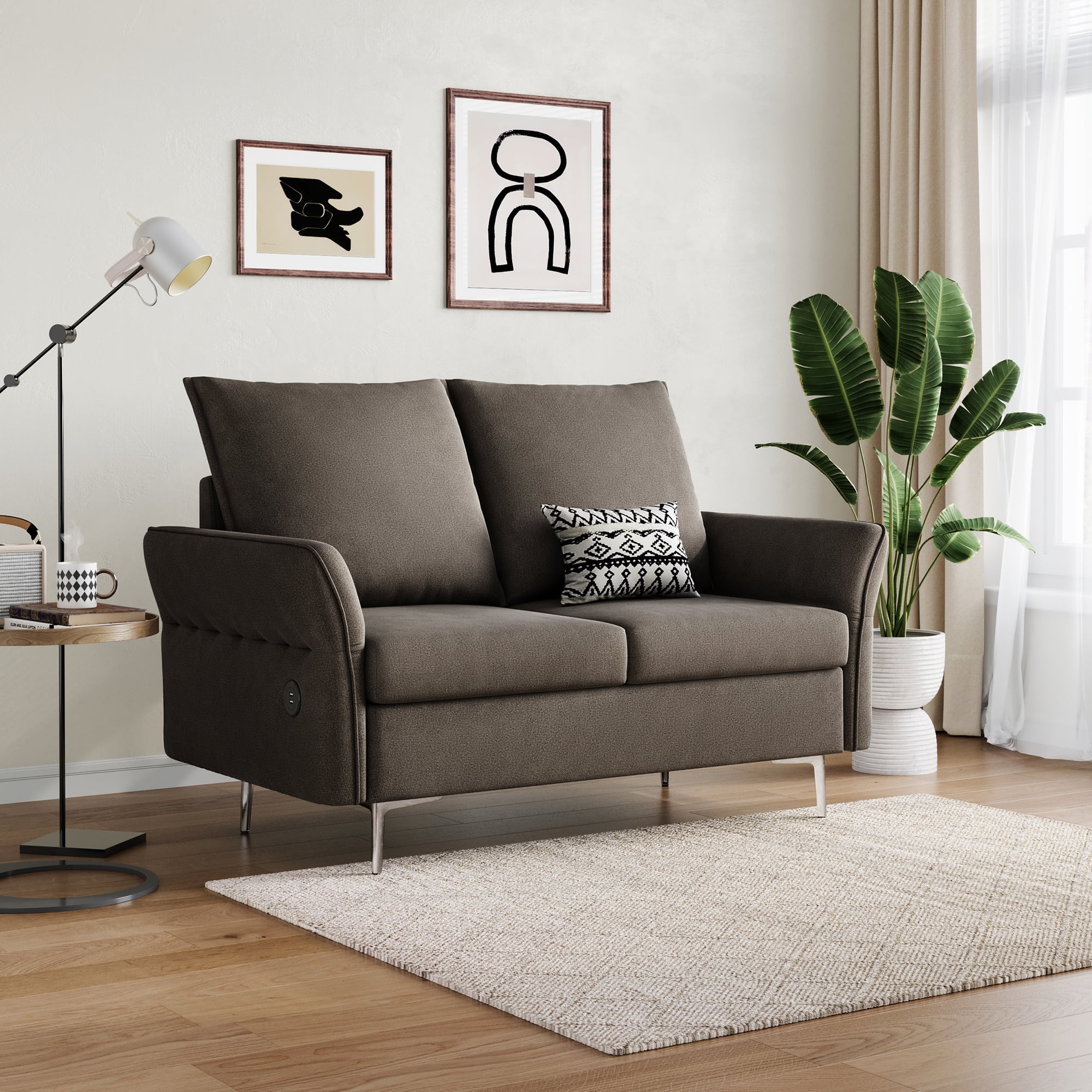 LINSY HOME Linen Loveseat Sofa, Small Modern Couch with Chrome Metal