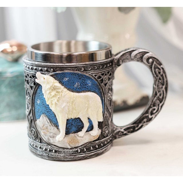 Starry Night Mountains Celtic Howling White Wolf Coffee Mug And Wine Goblet Set