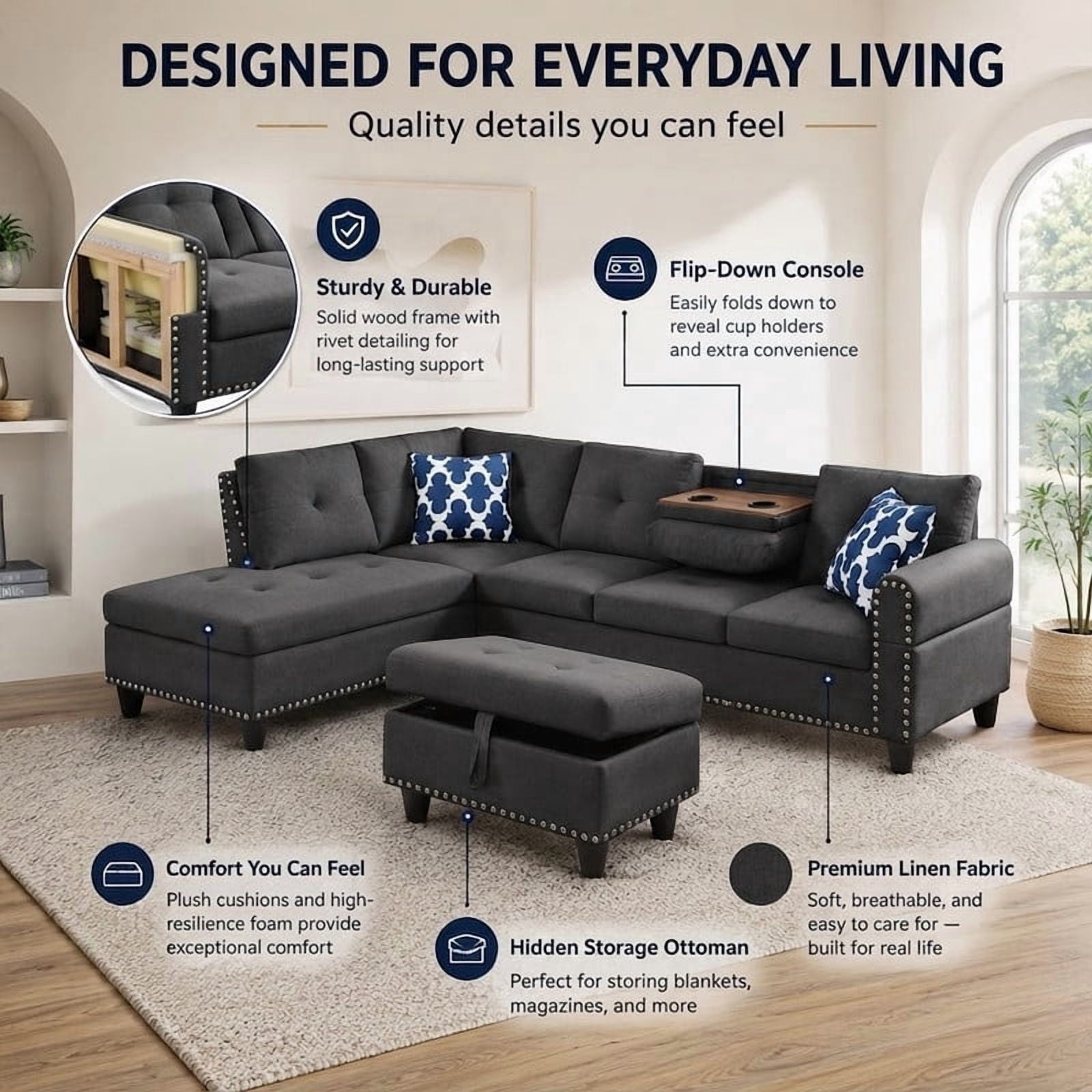 98" L-Shaped Sectional Sofa with Storage Ottoman, 4-Seat Linen Upholstered Modular Couch with Left Chaise, Drop-Down Backrest with Cup Holders, Nailhead Trim, 3-Piece Sofa Set for Living Room, Office