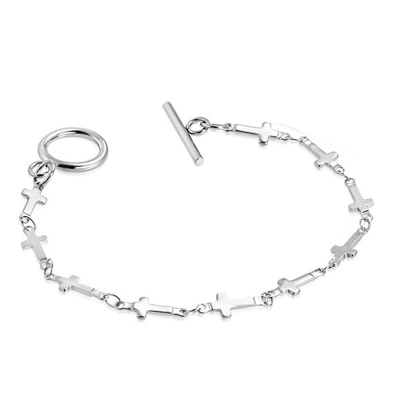 Stainless Steel Silver-Tone Cross Religious Link Bracelet Toggle Clasp, 8"