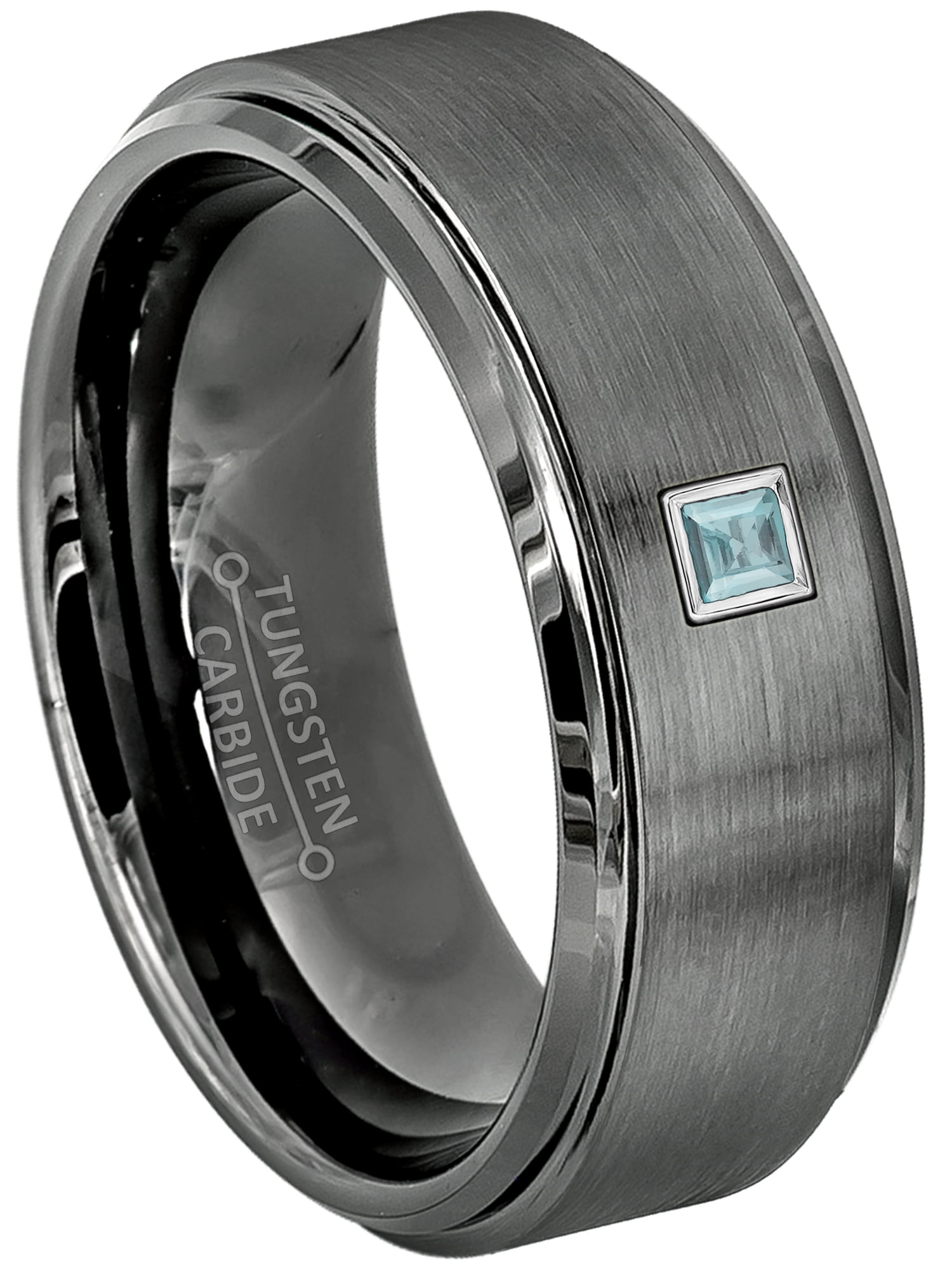 March Birthstone Ring 6MM Polished Dome Brushed Center Finish Comfort Fit White Wedding Band 0.07ct Aquamarine Titanium Ring