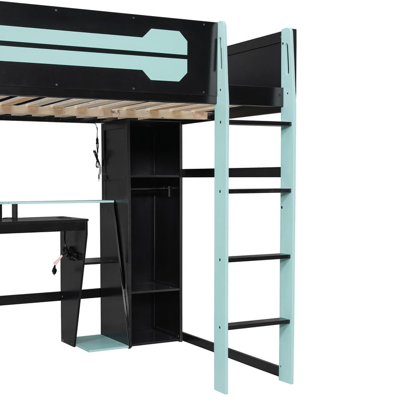 Full Size Wooden E-Sport Loft Bed with Desk, LED Lights & Charge Station, Storage Bed Frame with Built-in Wardrobe & Cabinets