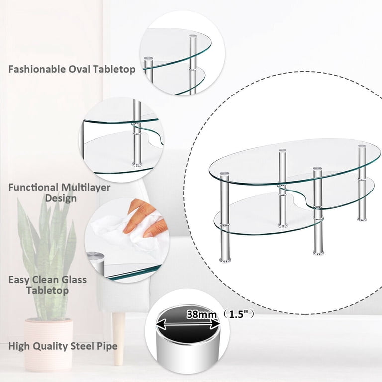 Costway Tempered Glass Oval Coffee Table, Chrome Base photo 6