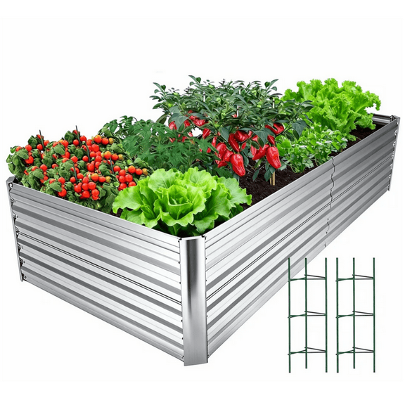 SHZOND Galvanized Raised Garden Bed with 2 Pcs Tomato Cage, 8×4×2 FT Garden Metal Raised Planting Box for Outdoor Gardening,Flowers, Herbs, Fruits, Vegetables