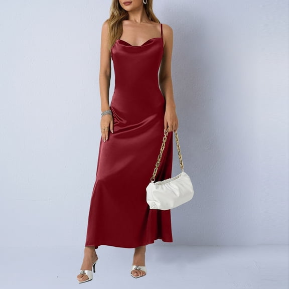 Maqroz Women's Ruched Bodycon Midi Dresses Spaghetti Strap Long Slip Satin Silk Midi Dress Backless Evening Party Wedding Guest Cocktail Dress Wine M