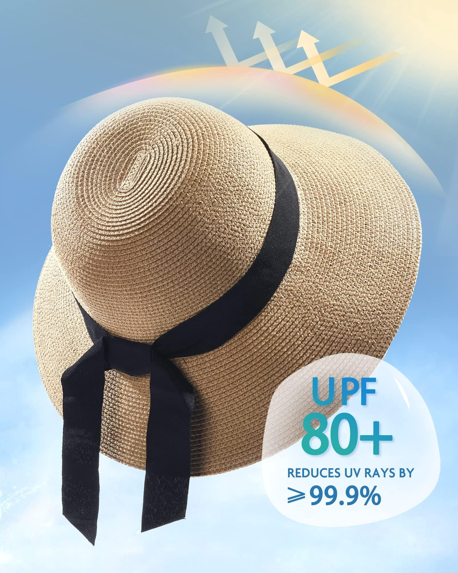 Women\'s Pure Khaki Beach Sun Straw Hat Travel Foldable Brim Summer UV Womens Beach Sun Straw Hat UV UPF 80+ Travel Foldable Brim  main image 2