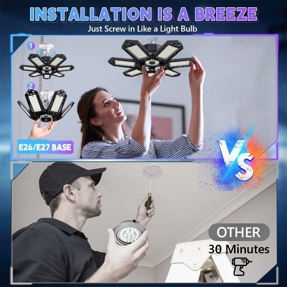 2Pack LED Garage Light, 120W Deformable Ceiling Light Fixture with 7+1 Adjustable Panels, 21000LM E26/E27 for Garage, Workshop, Attic, Basement
