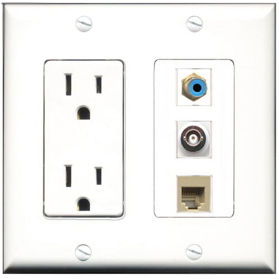 RiteAV - 15 Amp Power Outlet 1 Port RCA Blue 1 Port Phone Beige 1 Port BNC Decorative Wall Plate